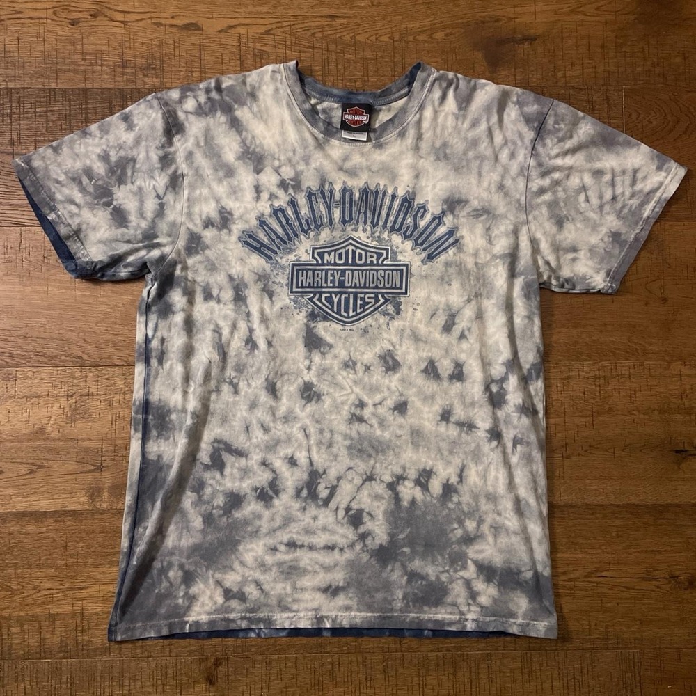 Harley Davidson T-Shirt Mens L Grey Blue Tie Dye Biker Grunge New River Gorge